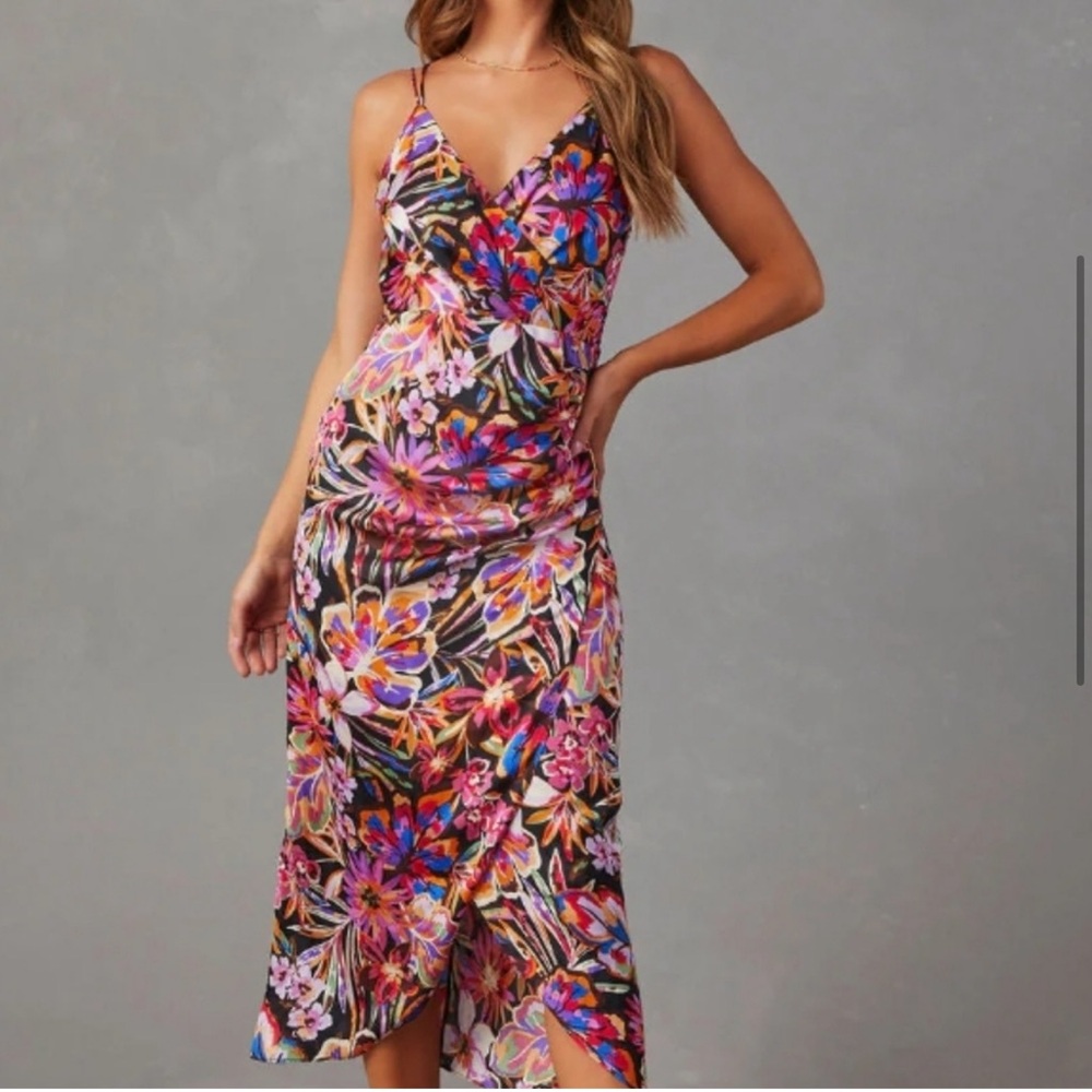 Vici Satin Pleated Wrap Midi Dress